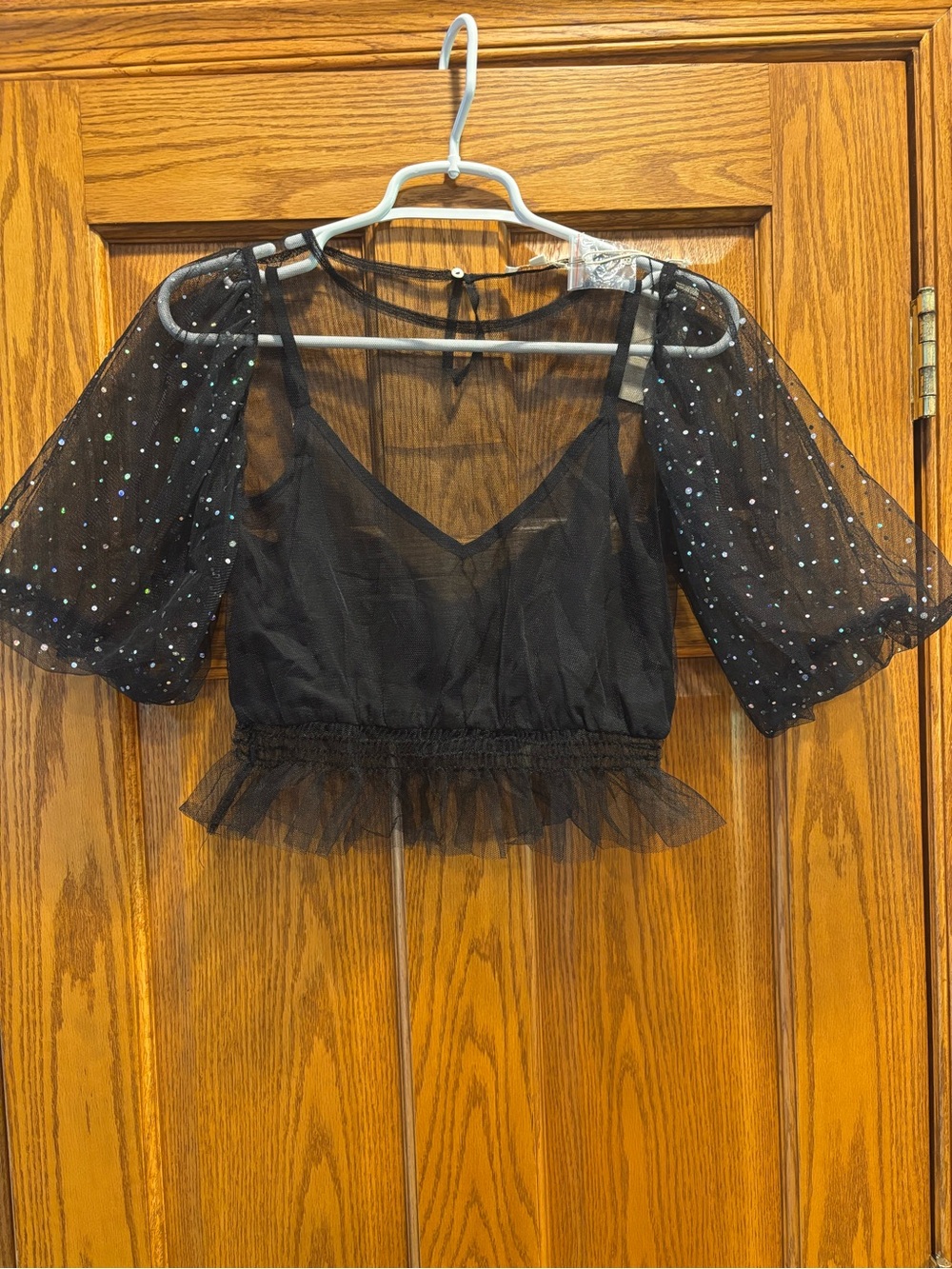 A.Peach Black Sheer Puff-Sleeve Crop Top with Sparkle